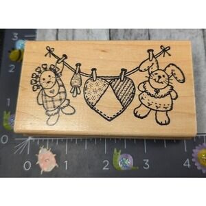Azadi Earles Country Heart Bunny Clothesline G142 Rubber Stamp Wood #A5